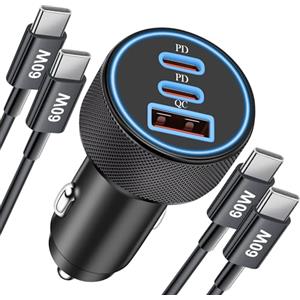 LUOSIKE 3-Porte 67W USB-C Caricabatterie Auto per iPhone 17 Air 16 15 Pro Max, Samsung Galaxy S25/S24/S23/S22 Ultra, Google Pixel 9/8/7, Auto PD/QC Caricatore Accendisigari Rapido Presa 2-Pezzi USB C Cavo 1M