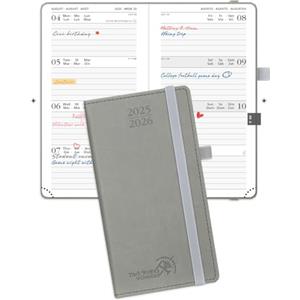POPRUN Agenda 2025 2026 Settimanale Tascabile 16,5 x 9 cm, Diario Scuola Piccola 17 Mesi da Ago.2025 a Dic.2026, Copertina Rigida in Pelle Vegana, Carta Spessa da 80 GSM, Grigio