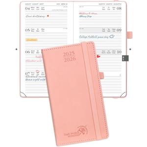 POPRUN Agenda 2025 2026 Settimanale Tascabile 16,5 x 9 cm, Diario Scuola Piccola 17 Mesi da Ago.2025 a Dic.2026, Copertina Rigida in Pelle Vegana, Carta Spessa da 80 GSM, Rosa