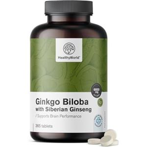 HealthyWorld® Ginkgo Biloba con Ginseng siberiano 6600 mg - Dose elevata, qualità premium - Per funzioni cognitive - 365 compresse per 1 anno di scorta - Estratto di ginkgo 50:1 (120mg) e 10:1 (60mg)