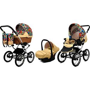 BabyLux Passeggino 3 in 1 con Seggiolino Auto per Bambini Piccoli - Passeggino per Neonati e Bambini -- Carrozzina Neonato - 59x105x125cm - Max 15kg - Jungle Flowers Silver Frame