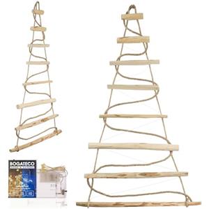 BOGATECO - Albero di Natale fatto a mano, altezza 95 cm, in legno di nocciola, da appendere, decorativo, con luci a LED da 200 cm, pannelli in legno collegati con una corda di iuta spessa 6 mm