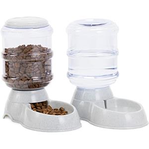 Navaris Set 2X Dispenser Automatico Cibo Acqua - Distributore Crocchette Cani Gatti 3,8L - Dosatore per Gatti Senza Batterie - Distributori Erogatori Animali Domestici Grigio