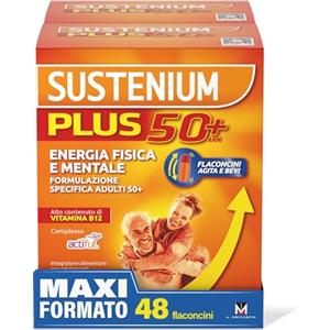 Sustenium Plus 50+ Integratore Alimentare Energizzante con Vitamina B12 ad Alto Contenuto, Formula per Adulti 50+ in Pratici Flaconcini. Energia in un Sorso confezione da 39 Flaconcini da 20 ml