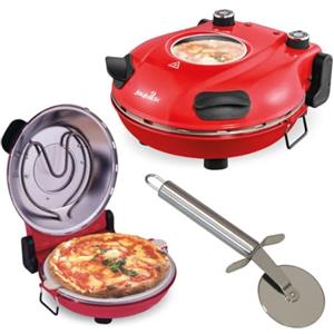 EMPOTEC Pizza Maker Forno Elettrico Diametro 31cm Potenza 1200W Time 15min Temperatura 300° Termostato Regolabile Pietra Refrattaria Accessori: 2 Pale di Legno + Rotella taglia pizza