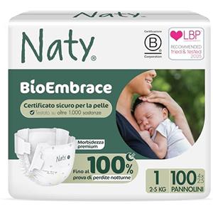 Naty BioEmbrace Pannolini Neonato | Certificati per pelle sensibile | Protezione anti-perdite fino al 100% | Morbidezza vegetale | Senza profumo & cloro | Taglia 1 (2-5 kg), 100 pz