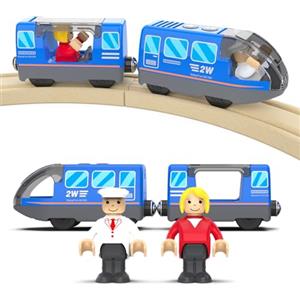 DxxD Trenino Elettrico per Bambini, Trenino Legno Giocattolo, Treno Intercity con Figure per Ferrovia, Locomotiva ad Azione a Batteria, Auto Giocattolo Compatibile con Thomas, Brio, Età 3+ Anni, Blu