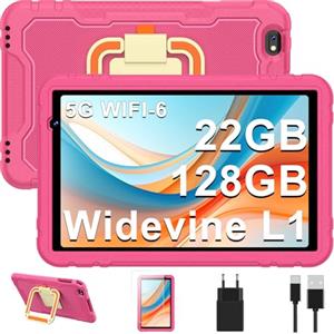 JUEDUR Tablet bambini 10 pollici Android 14 tablets, Octa-Core, 22 + 128GB (TF 1TB), Controllo Parentale, 8000mAH, Widevine L1, 5G WiFi6, BT 5.0, 5+8MP, EVA custodia protettiva resistente agli urti.(Rosa)