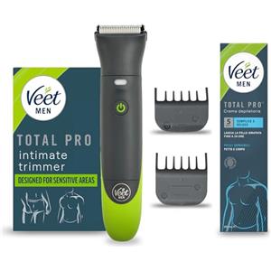 Veet Men Intimate Trimmer TOTAL PROTM, Rasoio elettrico uomo corpo e parti intime, 1 testina per zona intima e corpo e 2 pettini guida, Rifinitura precisa, Cordless + Crema 200 ml Pelli Sensibili