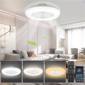 Izrielar Ventilatore da soffitto da 80 W con illuminazione, 6 velocità del vento regolabile, dimmerabile, luce LED da 55 cm, con telecomando e app, modalità estate e inverno, timer, 3000 - 6500 K