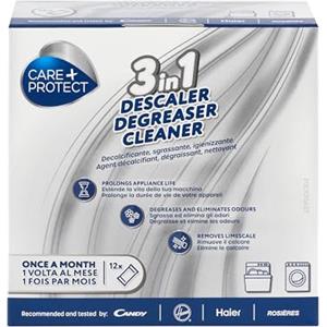CARE + PROTECT 3 in 1 Decalcificante, Sgrassante, Igienizzante per Lavastoviglie e Lavatrice, Universale, Professionale, in Polvere, 12 Bustine per 12 Mesi di utilizzo