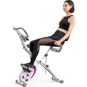 leikefitness Bicicletta stazionaria pieghevole, cyclette reclinata con fasce di resistenza per braccio, sensore di impulsi, monitor LCD e bicicletta da interno facile da montare, 2280 (viola)