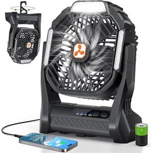 PDBEST Ventilatore a batteria 20000mAh senza fili, ventilatore portatile ricaricabile con batteria e lanterna a LED ventilatore da campeggio con USB-C per viaggi, spiaggia,nero.