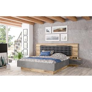 Forte Letto Forte RICCIANO + 2 cassettiere da notte con 2 cassetti, in legno di rovere/effetto cemento grigio scuro, larghezza 296,5 x altezza 120 x 209,9 cm