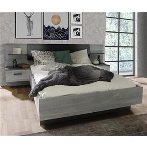 Forte Letto Forte Leonard + 2 cassettiere da notte con 2 cassetti, in legno di quercia nordica grigio/grigio opaco, larghezza 235,5 x altezza 90,5 x 195,7 cm