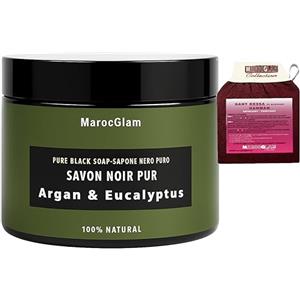 MAROC GLAM Sapone Nero marocchino 250g, Zenzero ed Eucalipto con Olio di Argan Biologico. 100% naturale + Guanto esfoliante kessa di qualità -Peeling Hammam marocchino, Esfoliante peli incarniti - MAROC GLAM