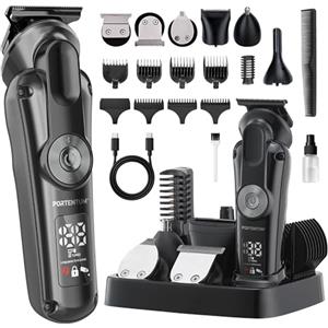 PORTENTUM Tagliacapelli uomo professionale LED - Set da 21 pezzi - Macchinetta per capelli e corpo di precisione - Rasoio elettrico barba - 6 Testine - 7 Pettini - USB-C - Base Organizzatore Compatta
