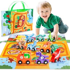 Anginne Giochi Bambini 1 2 3 Anni, Trenino di Legno Dinosauri, con Tappetino per Riporre i Giochi, Regalo Bambino 1 Anno Maschio Gioco Bambino 1-4 Anni - Giocattoli Dinosauri per Bambini