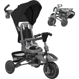 AIYAPLAY 6 in 1 Triciclo Passeggino Bici per Bambini 1-5 Anni Fino 25Kg, Triciclo Pieghevole con Sedile Girevole Fronte Mamma o Strada, Cappottina, Maniglione, Borsa, Ruote e Cintura a 5 Punti, Nero