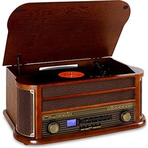 AUNA Belle Epoque 1908 - Impianto Stereo Retrò, Giradischi, Bluetooth, USB, Lettore CD e Cassette, Altoparlanti Stereo, Funzione di Registrazione, Marrone