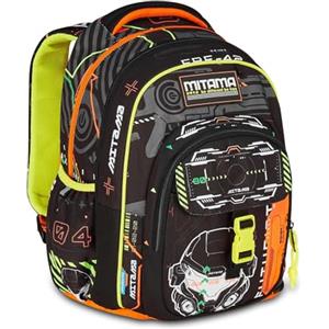 Mitama Zaino Scuola FLUO BATTLE, New Plus, Triplo Scomparto, Tasche Porta Borraccia, Spallacci Ergonomici, Scuola Elementare Bambino, Media