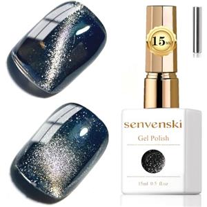 Senvenski Gelatina Vetro Cat Eye Smalto Semipermanente, 15ML Occhi di Gatto Magnetica per Gel Unghie Kit Olografico Glitterato Cristallo Smalti Unghie Salon Home DIY (Nero Glitterato, MY1-025)