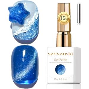 Senvenski Gelatina Vetro Cat Eye Smalto Semipermanente, 15ML Occhi di Gatto Magnetica per Gel Unghie Kit Olografico Glitterato Cristallo Smalti Unghie Salon Home DIY (Blu, 0.5fl oz)