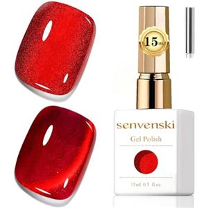Senvenski Gelatina Vetro Cat Eye Smalto Semipermanente, 15ML Occhi di Gatto Magnetica per Gel Unghie Kit Olografico Glitterato Cristallo Smalti Unghie Salon Home DIY (Rosso Rubino, MY1-027)