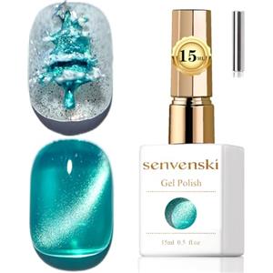 Senvenski Gelatina Vetro Cat Eye Smalto Semipermanente, 15ML Occhi di Gatto Magnetica per Gel Unghie Kit Olografico Glitterato Cristallo Smalti Unghie Salon Home DIY (Verde, MY1-010)