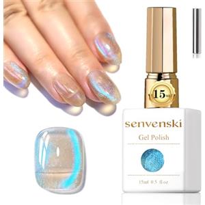 Senvenski Gelatina Vetro Cat Eye Smalto Semipermanente, 15ML Occhi di Gatto Magnetica per Gel Unghie Kit Olografico Glitterato Cristallo Smalti Unghie Salon Home DIY (Lacrime blu, MY1-016)