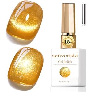 Senvenski Gelatina Vetro Cat Eye Smalto Semipermanente, 15ML Occhi di Gatto Magnetica per Gel Unghie Kit Olografico Glitterato Cristallo Smalti Unghie Salon Home DIY (Giallo dorato, MY1-020)