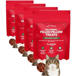 by Amazon - Snack per gatti, crocchette ripiene per ridurre la formazione dei boli di pelo, con manzo e malto, 70 g (Confezione da 4)