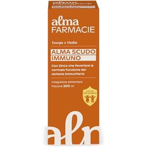 Alma Farmacie Alma Scudo Immuno per Sistema Immunitario, Difese, Stress, Energia, Sciroppo 200ml con Zinco, Vitamina C, Pappa Reale, Echinacea, Alta Concentrazione, anche per Bambini, Senza Glutine, Alma Farmacie