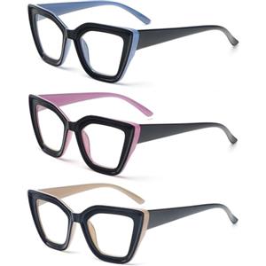 kollyseek 3 Pack Occhiali da lettura Donna Oversize Cat Eye con cerniera a molla Anti Azzurro(1.5, Blu viola marrone)