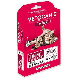 Vetocanis | Pipetta gatto anti pulci e zecche | Trattamento e protezione contro i parassiti gatto | Efficace 15 settimane | Per gatti più di 1 kg | Confezione da 3 pipette