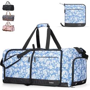 Lekesky Borsone da Viaggio Borsone Palestra Donna Uomo 80L, Borsa da Viaggio Weekend Pieghevole con Scomparto Scarpe, Leggero Impermeabile Borse Bagaglio a Mano, Stampa Floreale Blu e Bianca