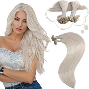 Moresoo Extension Capelli Veri Cheratina Piatta Biondo Bianco Remy Extension Cheratina Capelli Veri 35 cm 40g 50 Ciocche #60A