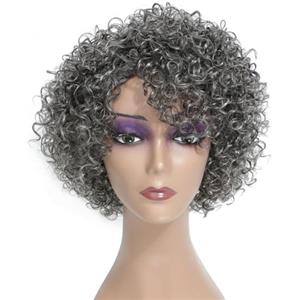 Morichy Parrucche grigie per donne anziane, parrucche corte e ricci, capelli umani da donna, capelli veri, misti, crespi ricci, senza colla, parrucca corta da 20 cm, per donne anziane, uso quotidiano