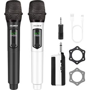 talomen Microfono Wireless,Microfoni karaoke a 2.4 GHz,Microphone Portatile professionale,Sistema di microfoni dinamici con Ricevitore Ricaricabile,kit 2 microfoni per Karaoke,Festa,K60-2 nero bianco