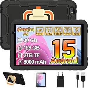 JUEDUR Android 15 10 pollici Tablet bambini con Gemini AI, 30GB RAM+128GB ROM, Controllo Parentale, 8000 mAh, Octa-Core, 5MP+8MP con 5G Wifi6, Custodia protettiva EVA antiurto + Staffa girevole a 360°(Nera)