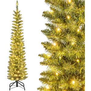 COSTWAY Albero di Natale Slim da 150/180/210 CM, Albero di Natale Artificiale con 150/180/200 Luci LED Bianche Calde, 296/390/499 Punte di Ramo e Supporto Pieghevole in Metallo (150 cm)