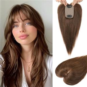 Flufymooz Parrucche con capelli umani veri per donne, Topper da 26 cm con clip, 100% capelli veri per capelli sottili, Parrucca coprente con base in seta, 150% di densità, marrone medio