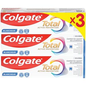 COLGATE - Total Prevention Dentifricio 24 ore attivo bianco naturale - Protegge dai problemi orali - Riduce le macchie superficiali - 3 x 75 ml