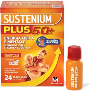 Sustenium Plus 50+ Integratore Alimentare Energizzante con Vitamina B12 ad Alto Contenuto, Formula per Adulti 50+ in Pratici Flaconcini. Energia in un Sorso, confezione da 24 Flaconcini da 20 ml
