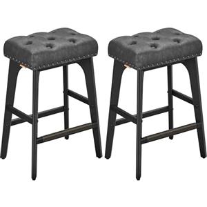 VASAGLE Sgabelli da Bar Set di 2, Sgabelli da Cucina, Rivestimento in PU con Bottoni Trapuntati e Borchie, Gambe in Legno, Altezza 66 cm, Sala da Pranzo, Montaggio Facile, Nero Inchiostro LBC085G02