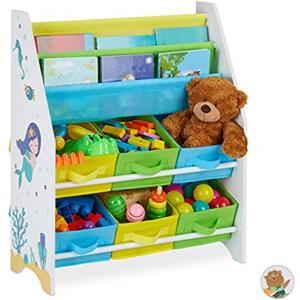 Relaxdays Porta Giochi Bambini, Motivi Marini, 6 Box 2 Scomparti, Scaffale Libreria, HLP 74 x 62 x 31,5 cm, Colorato