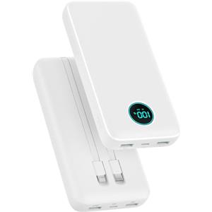 Pxwaxpy Power Bank 26800mAh con Cavi, Powerbank 25W PD QC4.0 Ricarica Rapida USB C Caricatore Portatile con 5 Uscite & LCD Display Batteria Esterna per iPhone 16/15/14/13, Samsung Huawei Pixel etc - Bianco