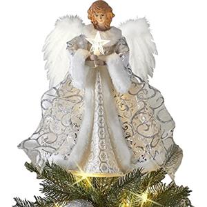 Teksome Angelo Puntale per Albero di Natale con luci | Decorazioni per Decorazioni per Albero di Natale con di Piume Bianche | Albero di Natale Angel Treetop per la Decorazione Domestica