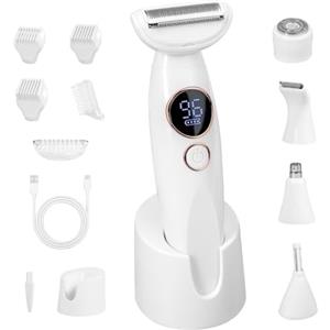 Carehabi Rasoio Elettrico Donna 5 in 1, Rasoio Intimo Donna Ipx7 Impermeabile, con stazione di ricarica USB, trimmer da donna per viso corpo sopracciglia zona bikini