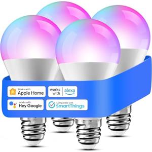 meross Lampadina LED E27 Smart per HomeKit, Lampada WiFi Multicolore Dimmerabile RGBWW Compatibile con Alexa, Google Home e SmartThings, 2700k-6500k, 4 Pezzi